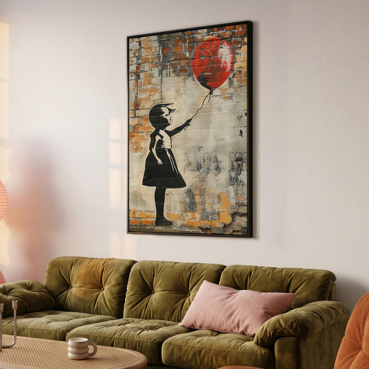 LEINWAND Bilder mit Rahmen - Graffiti - Banksy - Mädchen - Straßenkunst - 90x140 - Sandfarben, Textil (90/140cm) - MuchoWow