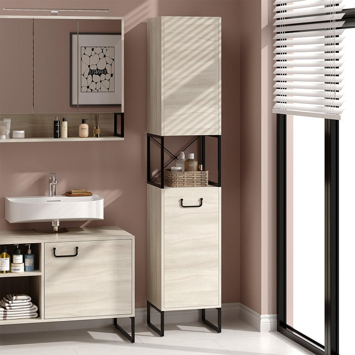 BADSCHRANK Vionna Eiche/Schwarz 36 x 185 cm mit 2 Türen - Eichefarben/Schwarz, Holzwerkstoff (36/185/33cm) - Vicco