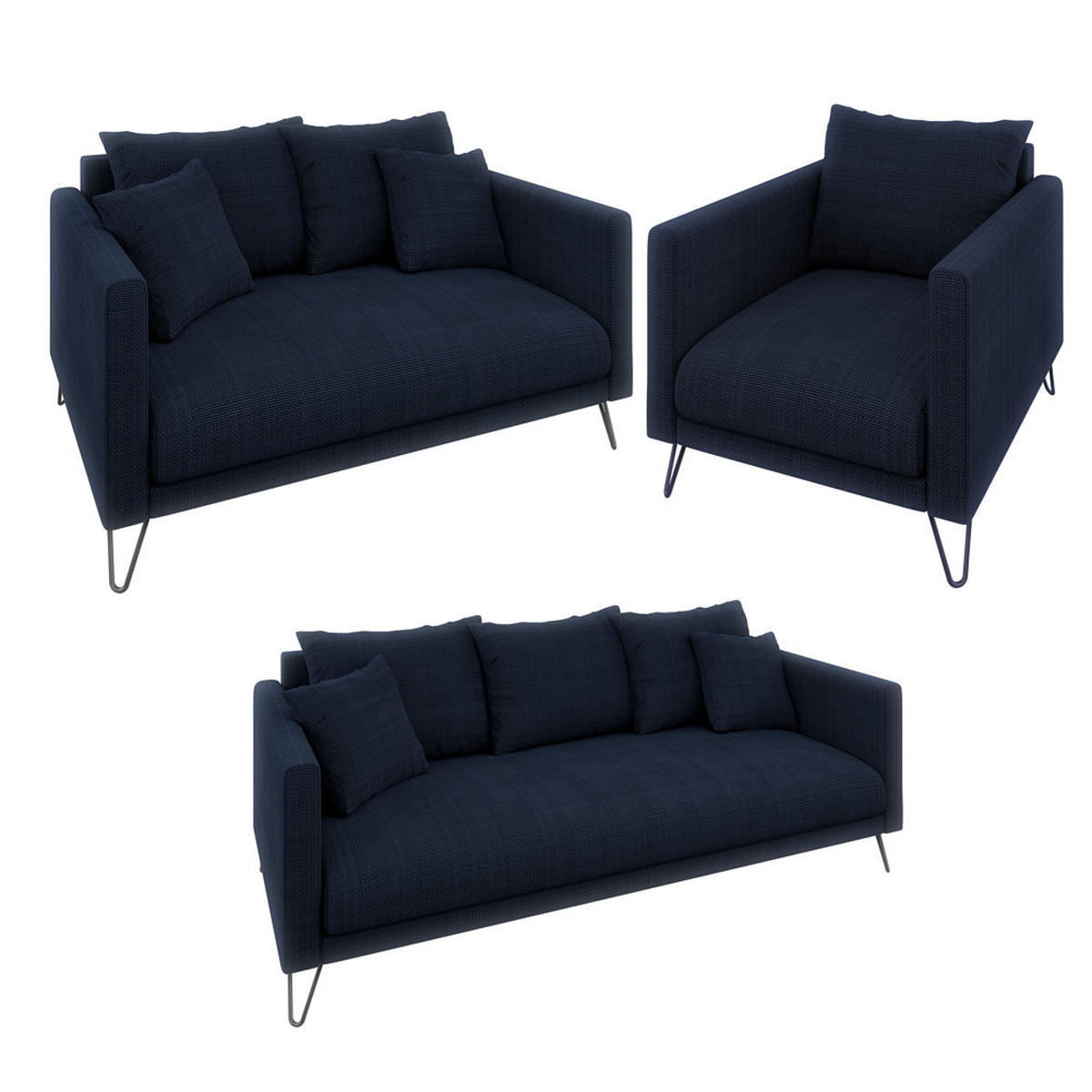 SITZGARNITUR 3+2+1 Harmony Marineblau Chenille - Schwarz/Dunkelblau, Holz/Textil (200/85/100cm) - S-Style Möbel