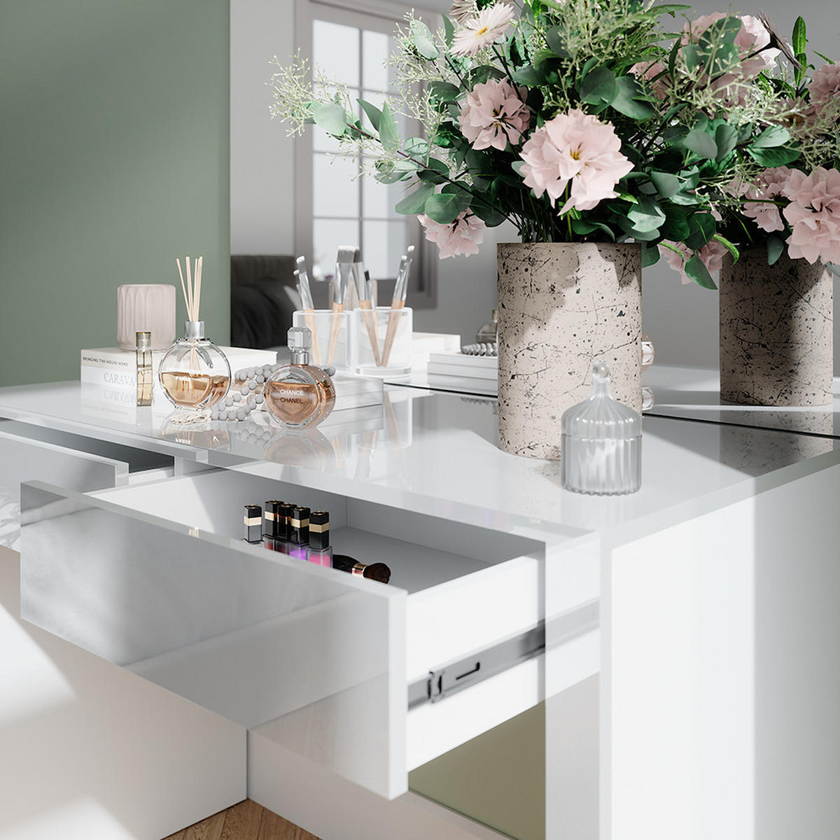 SCHMINKTISCH Annabelle Weiß Hochglanz/Weiß 110 cm mit Spiegel - Weiß Hochglanz/Weiß, Holzwerkstoff (110/75.5/50cm) - Vicco