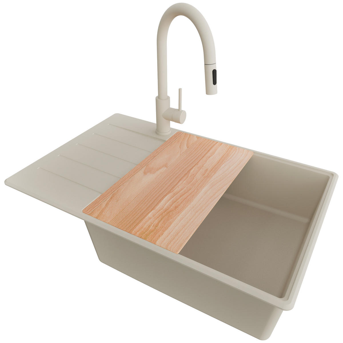 GRANITSPÜLE Kopenhagen, 2-er set Beige 78/50 cm 1 Becken + Küchenarmatur 40/20 cm + Ablauf-Set + Schneidebrett ab 60er Unterschrank - Beige, Kunststoff (78/20/50cm) - Primagran