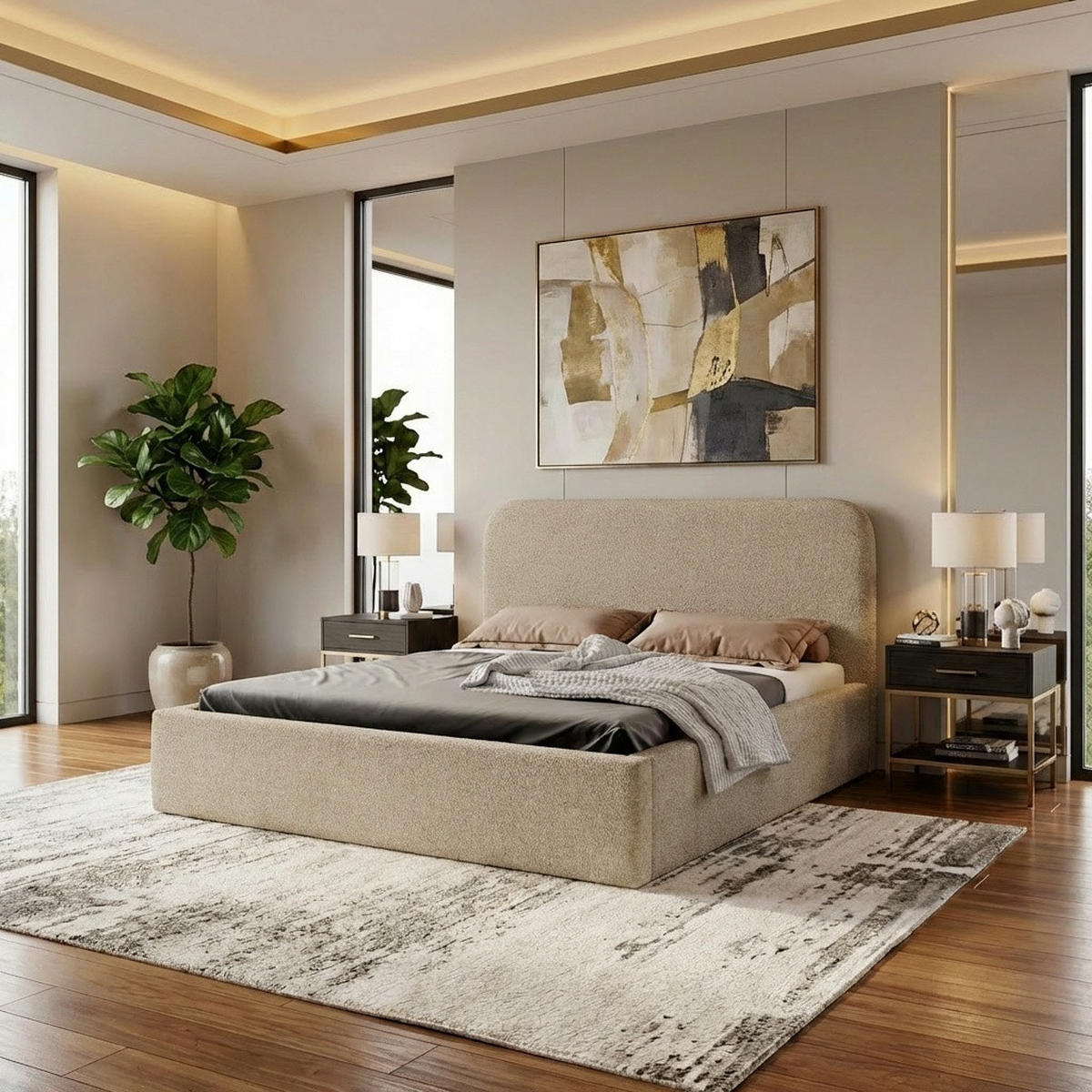 POLSTERBETT LAVINO 180x200 mit Bettkasten & Metallgestell – Bouclé Stoff MONTE Taupe - Taupe, Textil (180/200cm) - Luxkor24