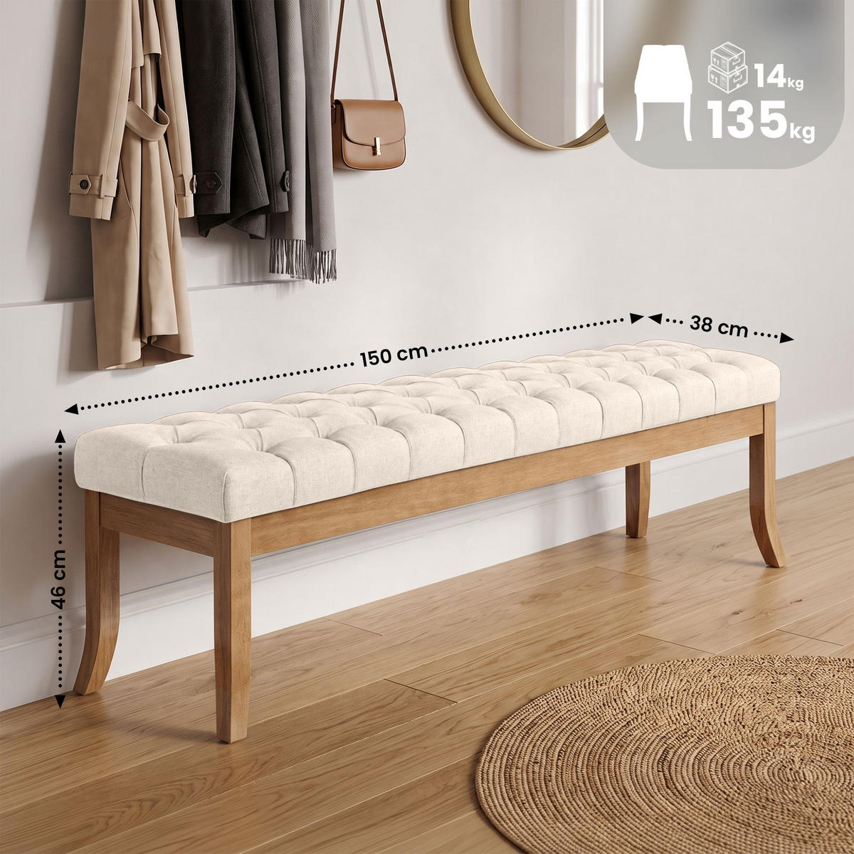SITZBANK 150/38 cm Stoff Creme - Creme/Naturfarben, Holz/Textil (150/46/38cm) - CLP