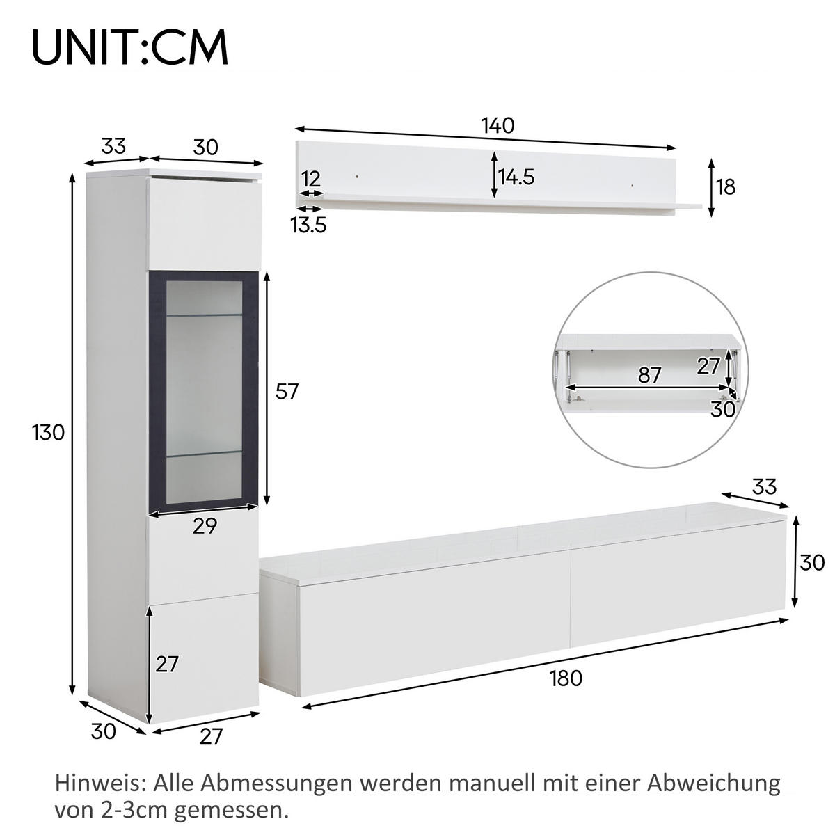 WOHNWAND-SET in Weiß mit LED Beleuchtung für Wohnzimmer, B180/T30/H130 cm - Weiß, Glas/Holzwerkstoff (180/30/33cm) - STILVORA