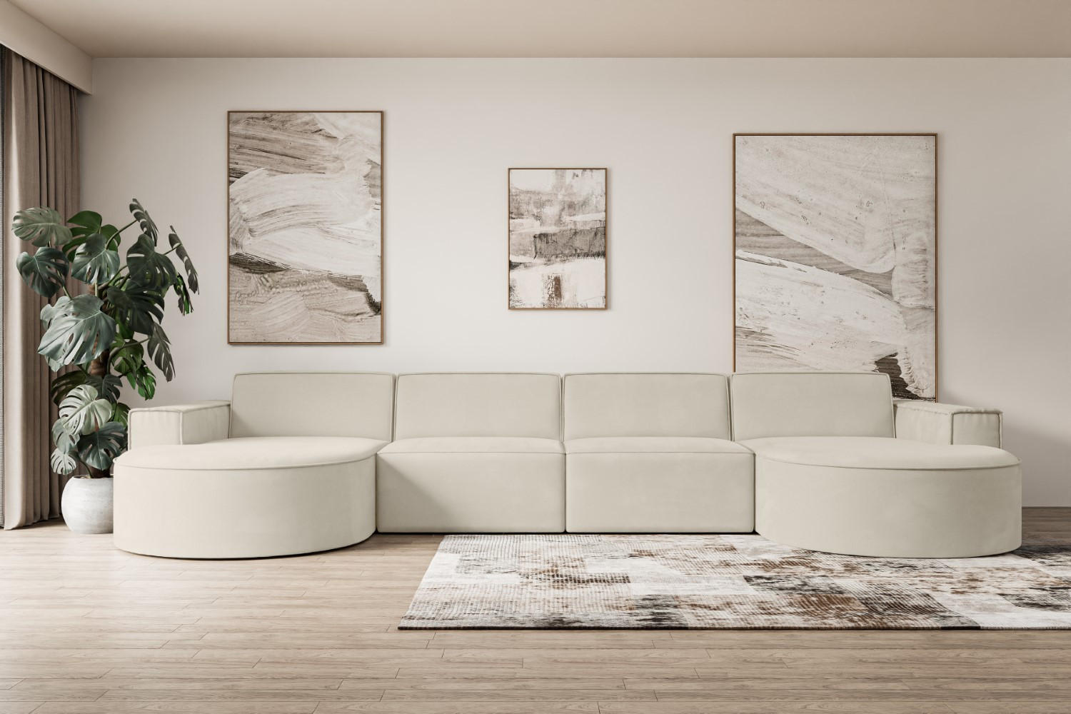 WOHNLANDSCHAFT MARI-U2 - 384x165x78 cm Beige Velours - Beige/Schwarz, Holzwerkstoff/Kunststoff (384/78/165cm) - ALTDECOR