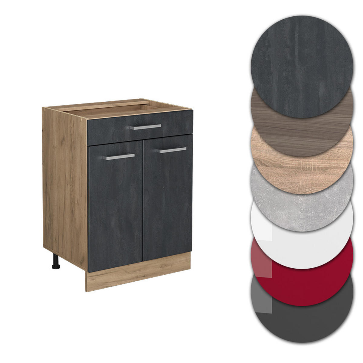 KÜCHENUNTERSCHRANK R-Line Schwarz Beton 60 cm AP Eiche - Eiche Wotan/Schwarz, Holzwerkstoff (60/81.6/60cm) - Vicco