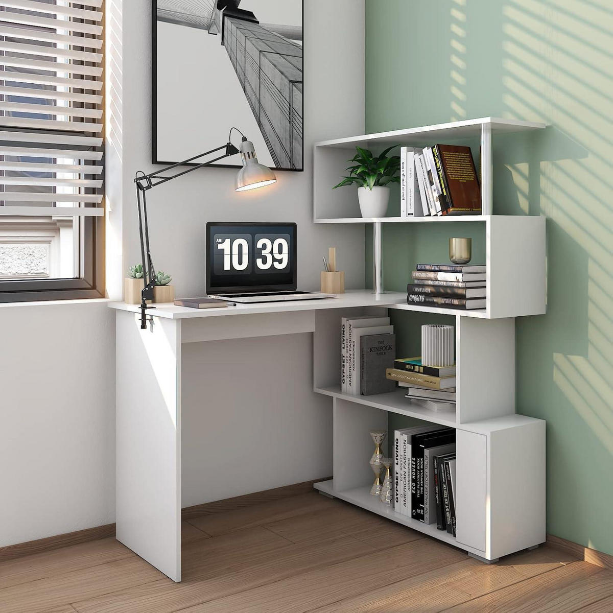 COMPUTERTISCH L-förmig mit drehbarem Bücherregal Weiß 157 x 45 x 130,5 cm - Weiß, Holzwerkstoff (45/157/130.5cm)