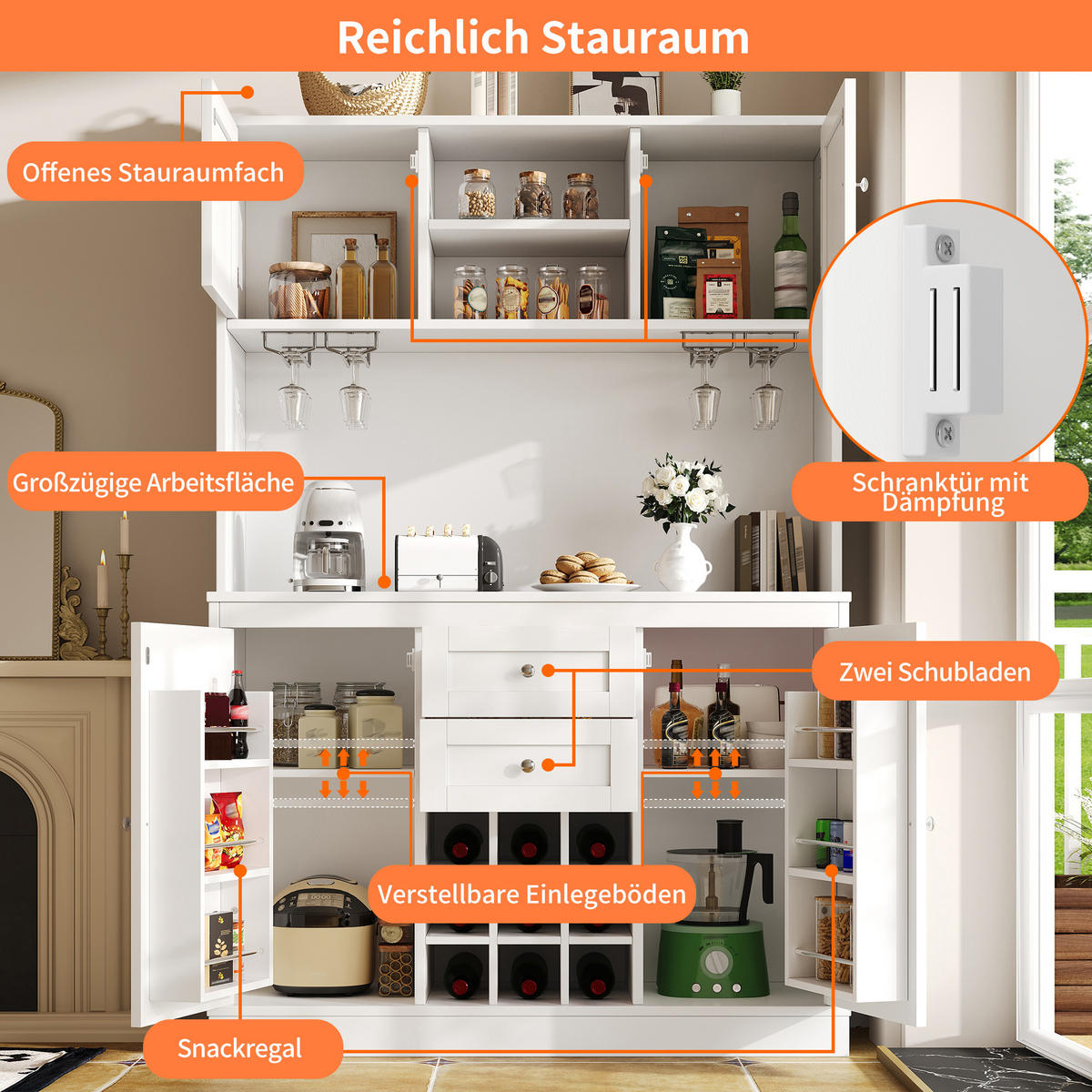 KÜCHENSCHRANK in Weiß mit verstellbaren Ablagen und Weinregal für Küche, B120/T40/H188 cm - Weiß, Holzwerkstoff/Metall (106/179.5/40cm) - STILVORA