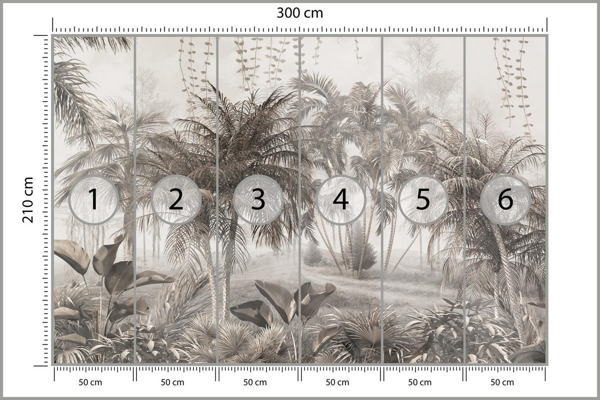FOTOTAPETE für Büro Vintage Tropisch Dschungel Palmen Blätter 300x210 - Beige/Braun, Papier (300/210cm) - Muralo