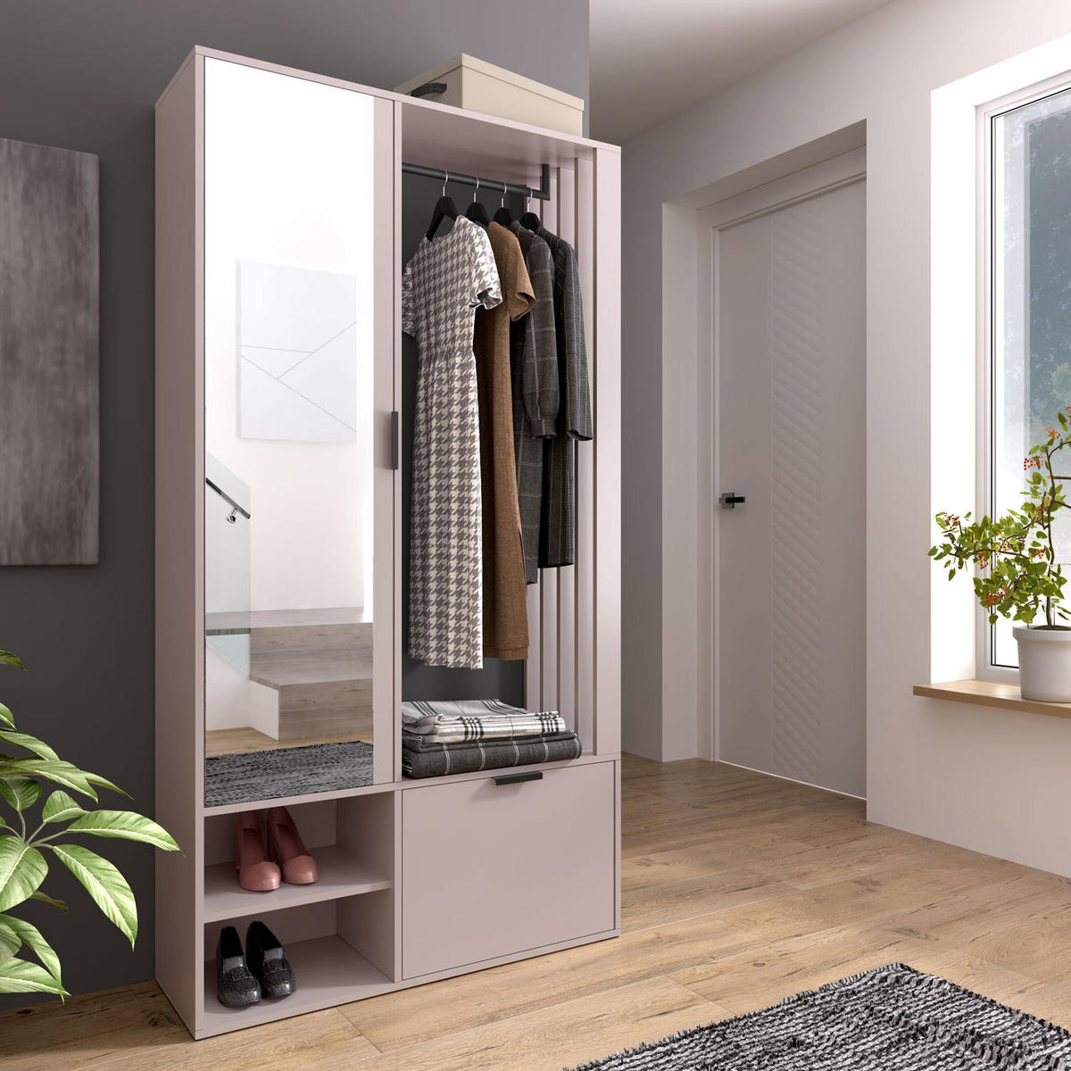 GARDEROBEN-SET Lena Uni mit Spiegel, Sitzbank & Kleiderstange – 100/189/33 cm – Beige, Kaschmir - Beige, Holzwerkstoff (100/189/33cm) - WFL GROUP