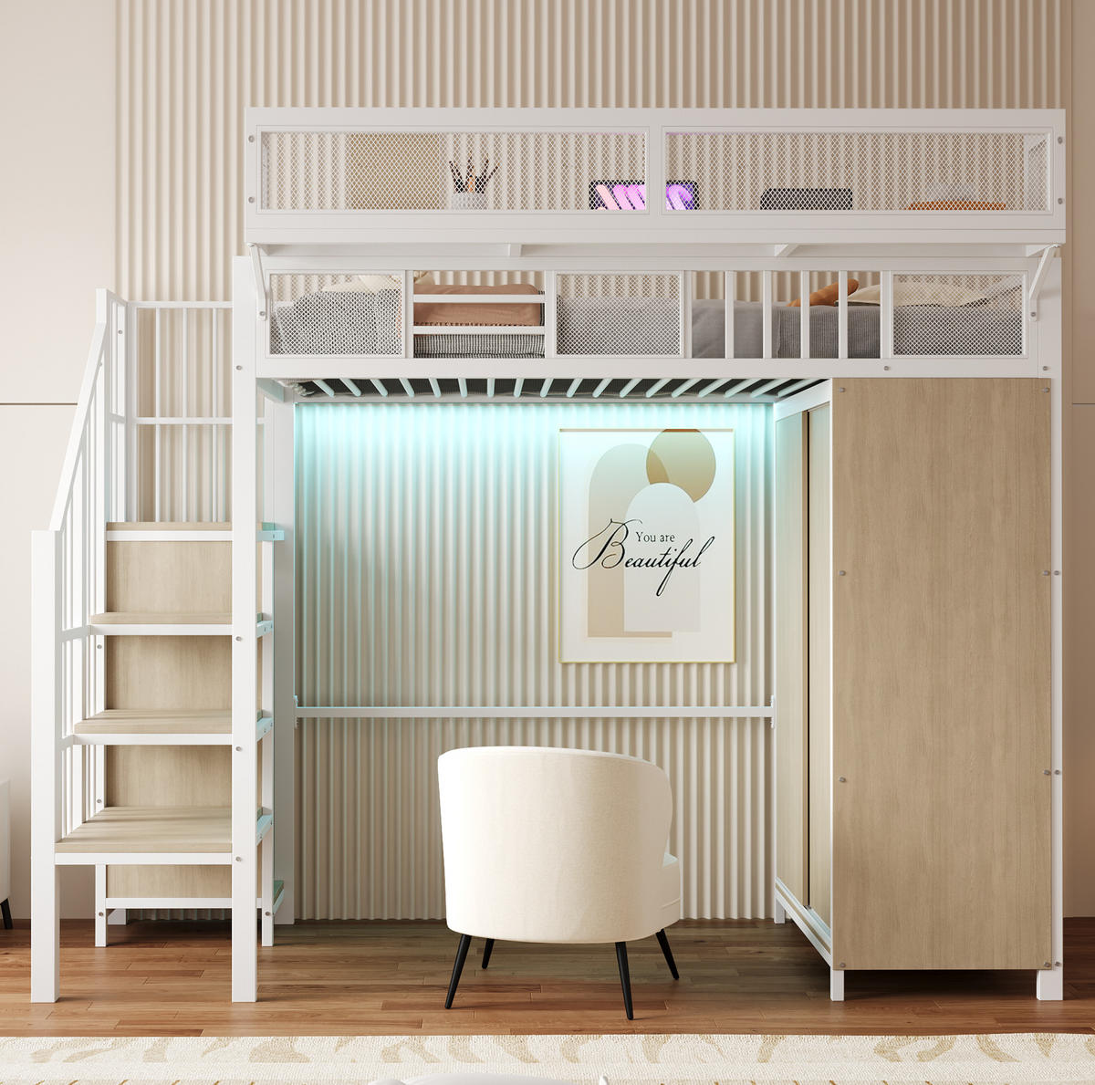 HOCHBETT 90/200 cm in Weiß mit Kleiderschrank, LED und Stauraumleiter - Weiß, Metall (90/200cm) - BEAOK