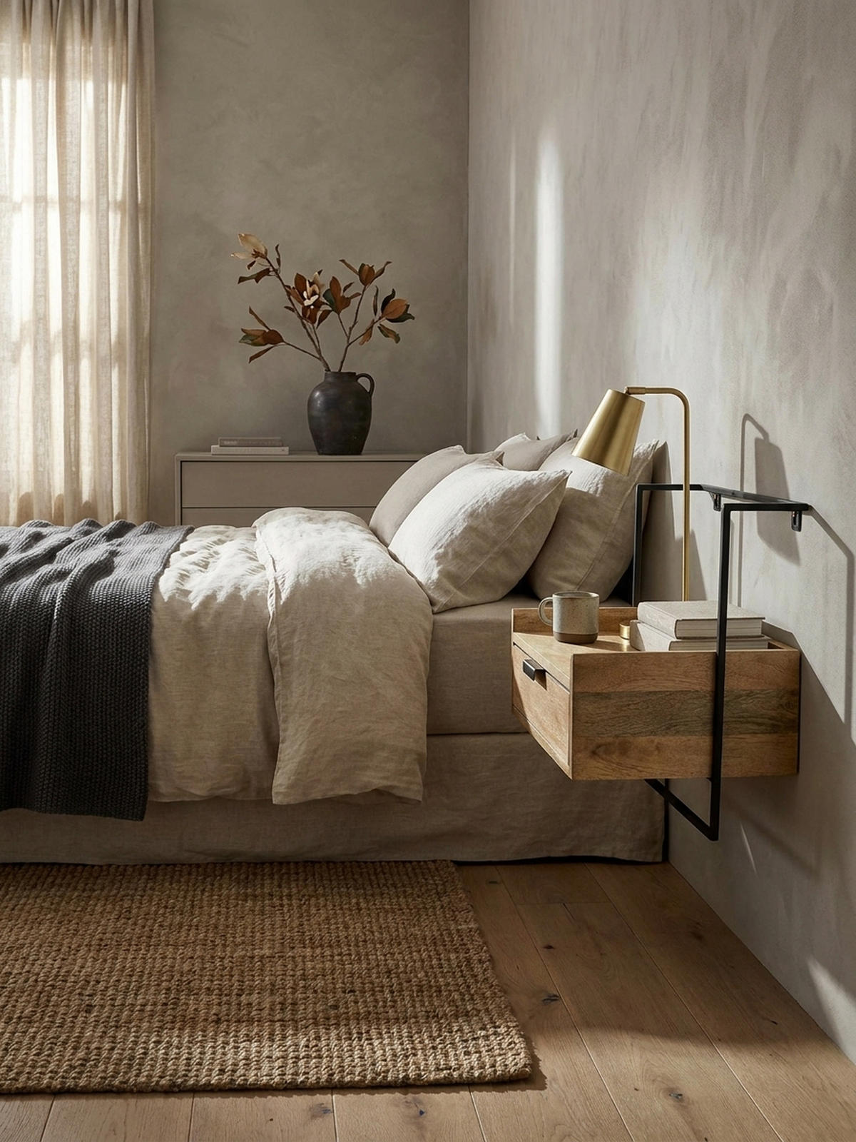 NACHTTISCH Mango Massivholz Wandmontage Schublade Boxspringbett, Beige 44x35x45 cm - Beige/Schwarz, Holz/Metall (44/45/35cm) - KADIMA DESIGN