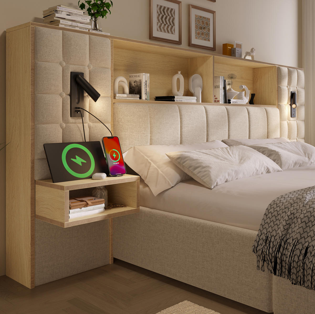 POLSTERBETT 180/200 cm aus Leinen mit Stauraum LED-Leselampen und Nachttischen Beige - Beige, Textil (180/200cm) - Modenvie