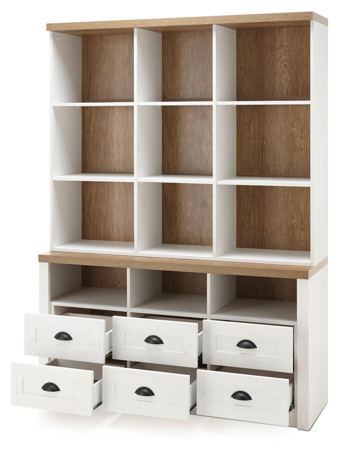 BUFFETSCHRANK weiß Pinie, Eiche hell Landhaus, Buffet 130 x 179 cm - Eichefarben/Schwarz, Holzwerkstoff/Metall (130/179/43cm) - Furn.Design