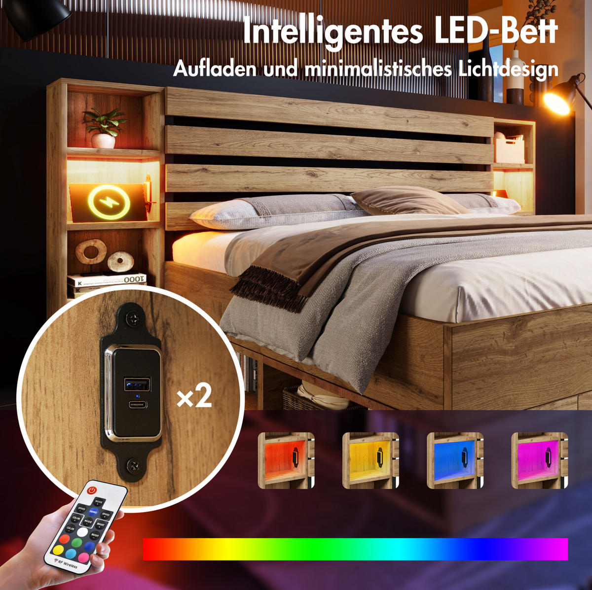 MANŽELSKÁ posteľ 160/200 cm dubová s LED osvetlením, USB-C nabíjaním, úložným čelom a zásuvkami z kovu a dreva - farba duba, kov (160/200cm) - OKWISH