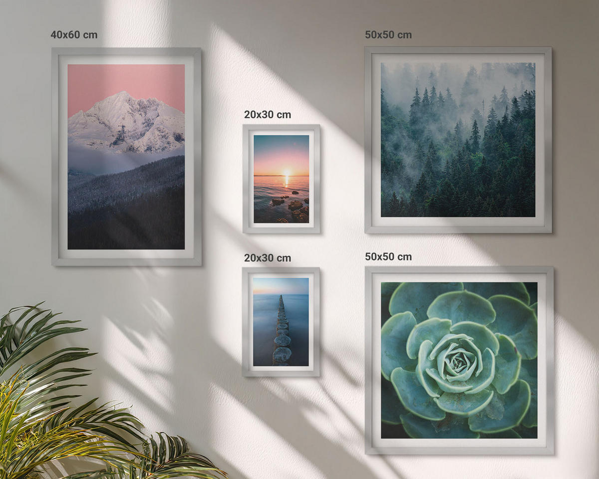 BILDER SET 5er Set - 50x50 cm & 20x30 cm & 40x60 cm Silberner Rahmen - Wasserfälle, Berge, Landschaften, Natur - Silberfarben, Kunststoff (40/60cm) - TULUP