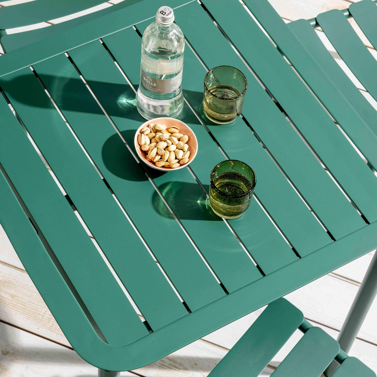 GARTENTISCH quadratisch (70 x 70cm) und 2 Stühle, Dunkelgrün - Grün, Metall - Oviala