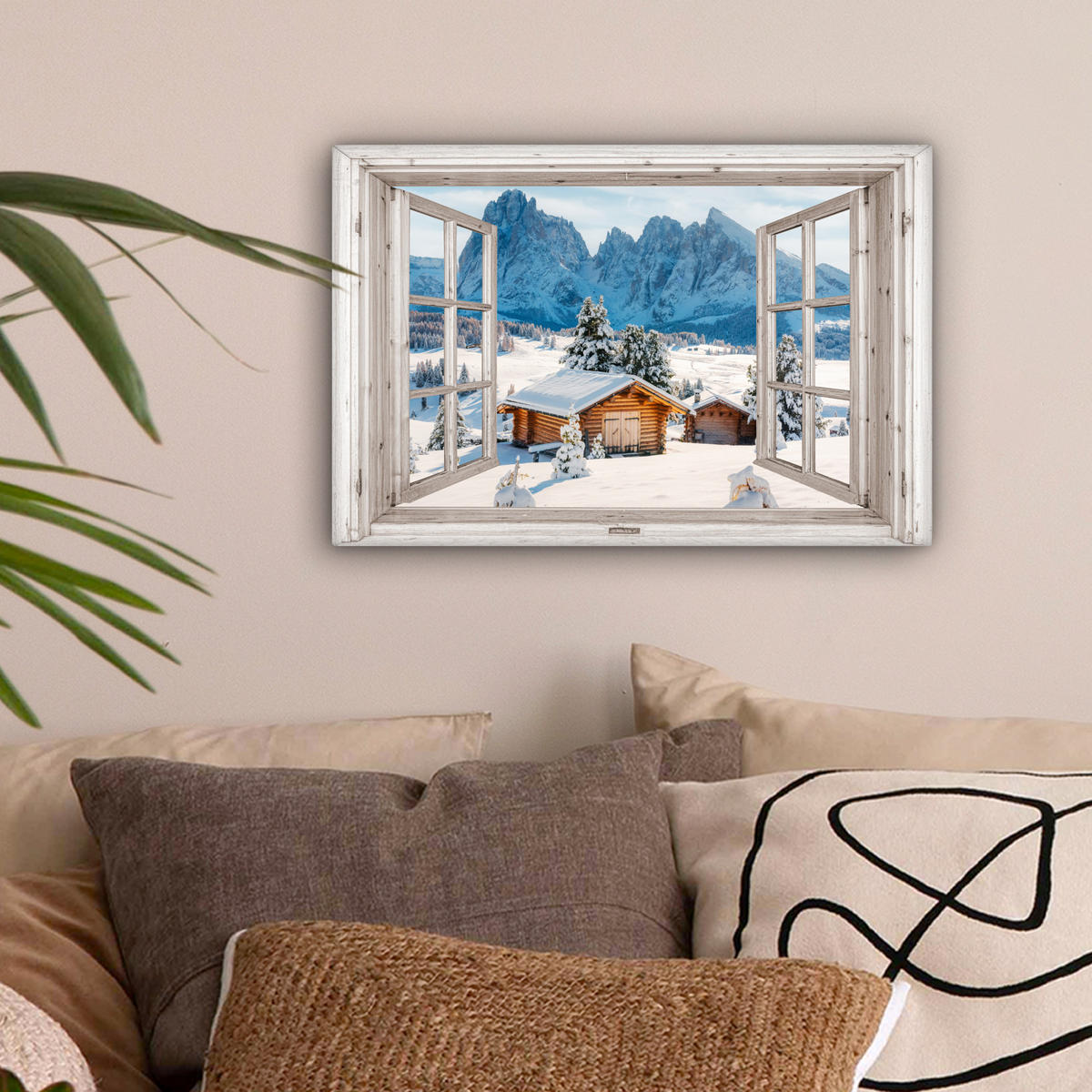 LEINWANDBILD Winterlandschaft - Hütte - Berge - Ausblicke - Aussicht - Natur 30x20 cm - Weiß Hochglanz, Textil (30/20cm) - MuchoWow