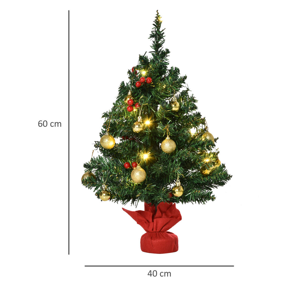 WEIHNACHTSBAUM mit Stechpalmenbeeren, Kugeln und LED-Lichtern Christbaum Grün - Grün, Kunststoff (60cm) - HOMCOM