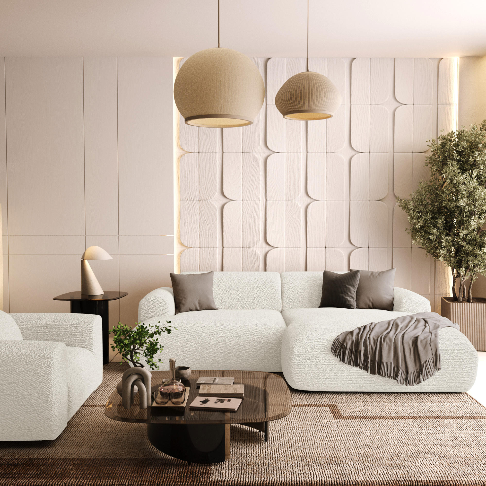 ECKSOFA RECHTS Bouclé-Stoff Creme 266cm - Creme, Textil (266/165cm) - Sia Home