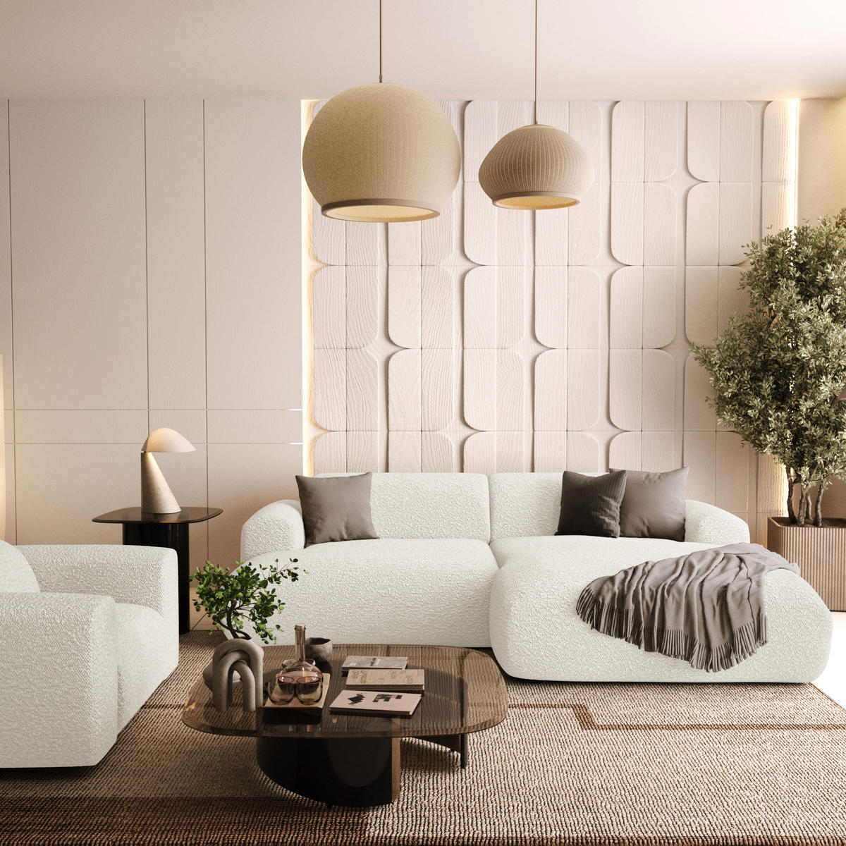 ECKSOFA RECHTS Bouclé-Stoff Creme 266cm - Creme, Textil (266/165cm) - Sia Home