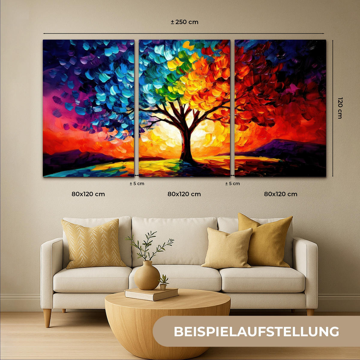 LEINWANDBILD 3er Set Baum - Farbenfroh - Malerei-Look - Abstrakt 240x120 cm - Multicolor, Textil (240/120cm) - MuchoWow