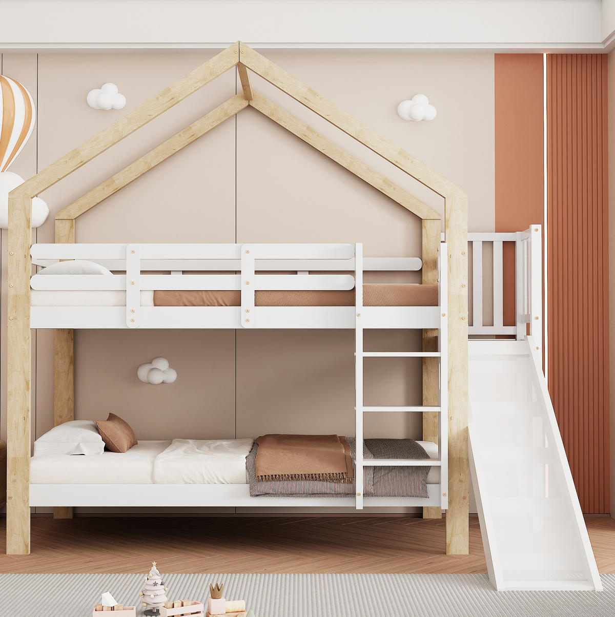 ETAGENBETT 90/200 cm mit Rutsche, Hausdach, Absturzsicherung und 3-stufiger Leiter aus Massivholz und MDF, Weiß/Natur - Weiß, Holzwerkstoff (90/200cm) - Redom