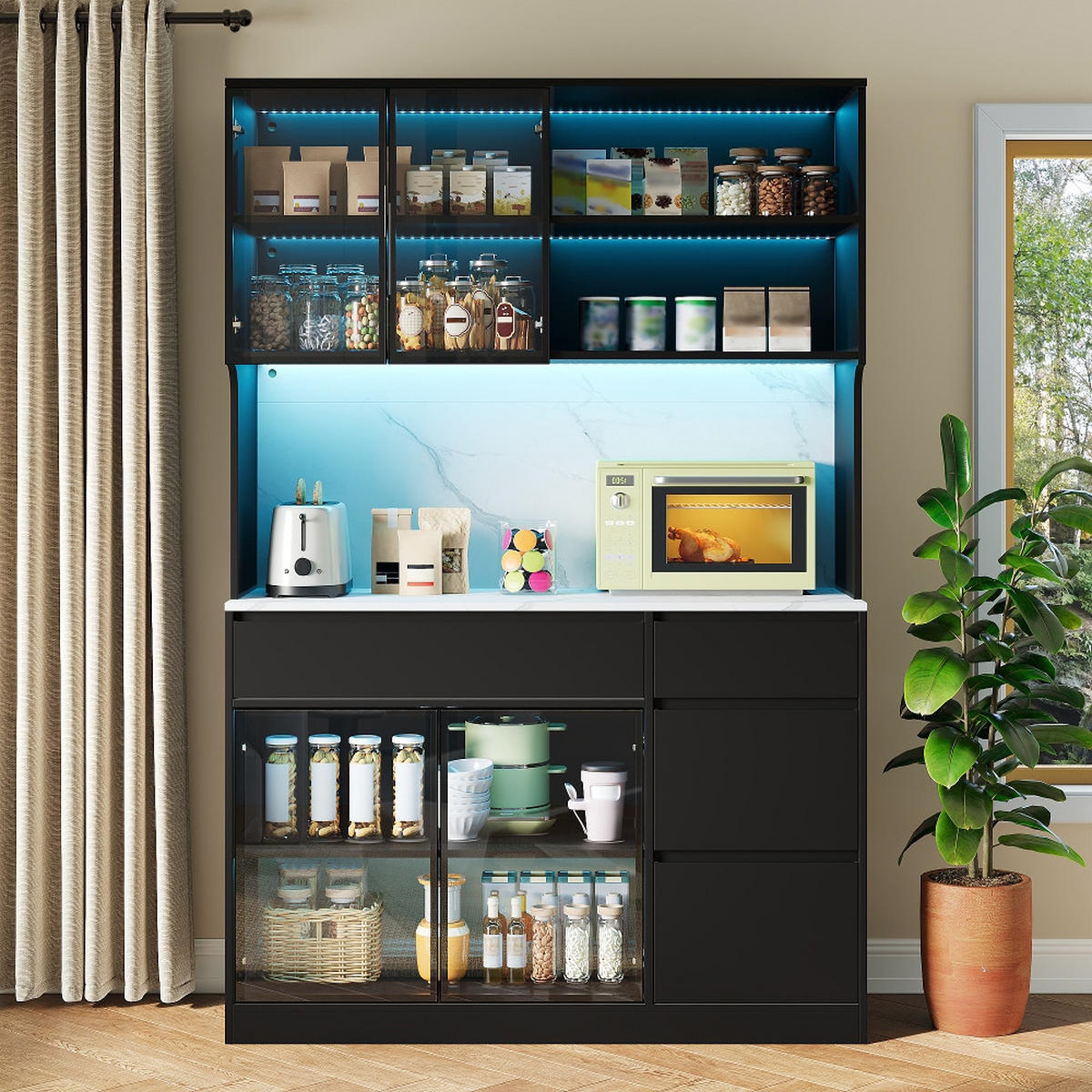 KÜCHENSCHRANK Vitrine Sideboard mit LED-Beleuchtung, Marmoroptik, MDF Schwarz-Weiß, 120/180/40 cm - Schwarz, Kunststoff (40/180/120cm) - Rolipo