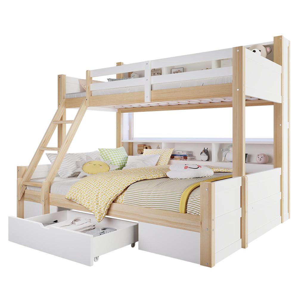 KAT KREVET 90x200cm + 140x200cm, položaj ljestava po izboru, bijeli + prirodni - bijela, drvo (90/200cm) - KOMHTOM