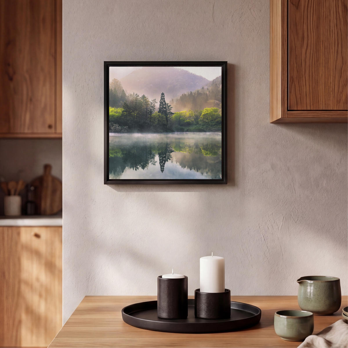 LEINWAND Bilder mit Rahmen - Natur - Bäume - Berge - See - Wasser - 20x20 - Hellgrün, Textil (20/20cm) - MuchoWow