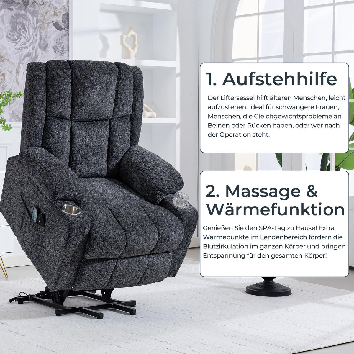 ELEKTRISCHER Relaxsessel Samt mit Aufstehhilfe, Massage, Wärme 91/84/106 cm Dunkelgrau - Dunkelgrau, Textil (84/106/91cm) - Redom