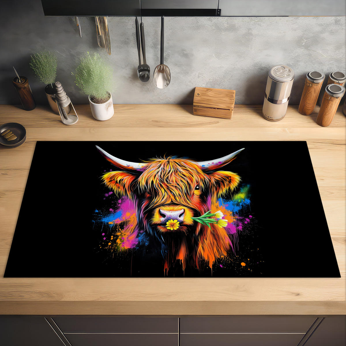 HERDABDECKPLATTE Schottischer Highlander - Graffiti - Bunt - Blume - Tiere Induktionsschutz 91.2x52 cm - Multicolor, Kunststoff (91.2/52/0.2cm) - MuchoWow