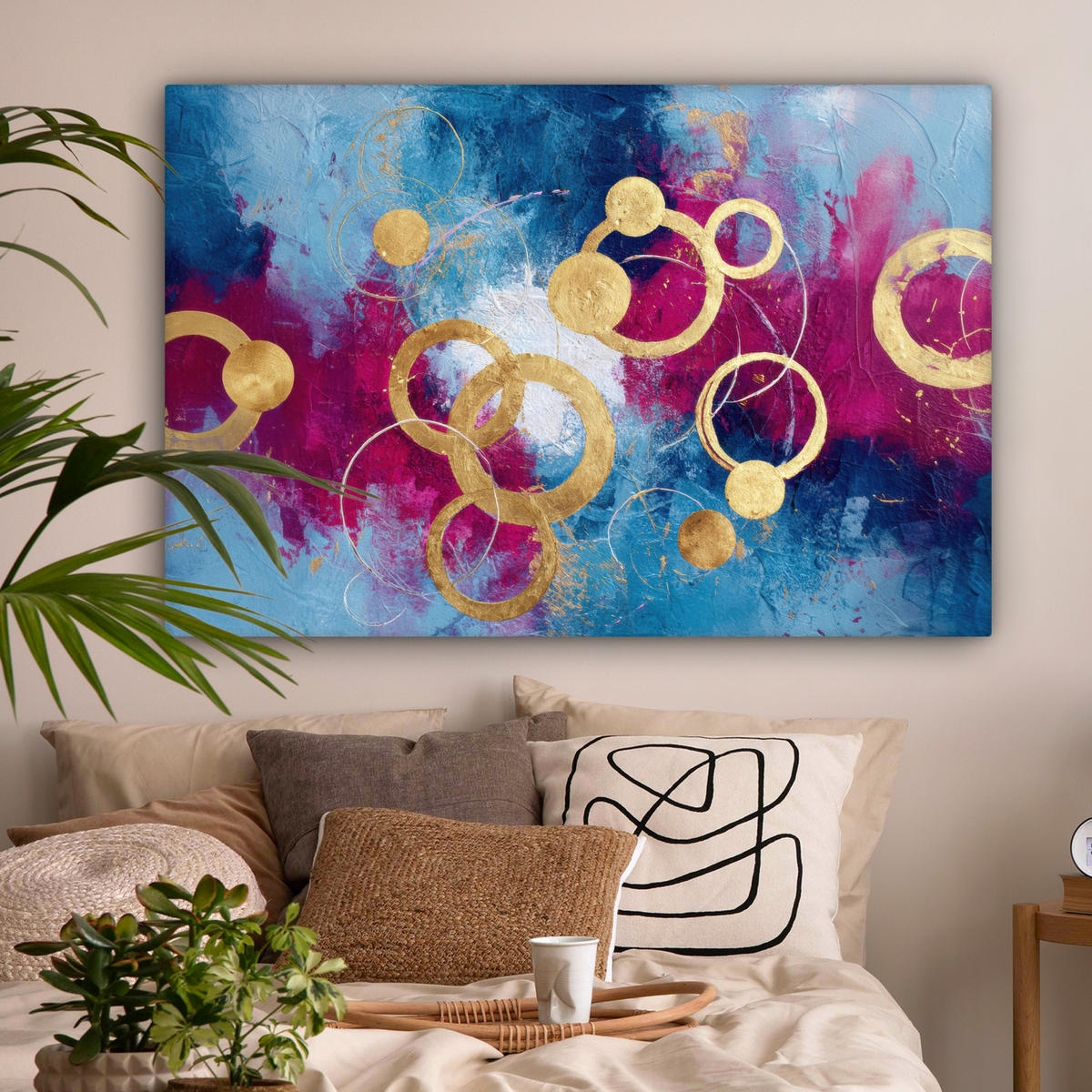 LEINWANDBILD Kreise - Gold - Abstrakt Groß 140x90 cm - Blau, Textil (140/90cm) - MuchoWow