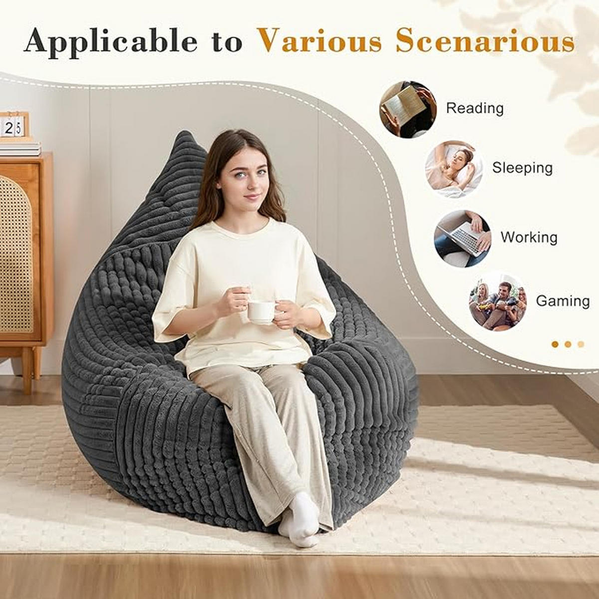 SITZSACK Bodensofa Stoff 180x125cm Grau Verwandelbar Bequem - Dunkelgrau, Textil (125/26/180cm) - Raelunyi