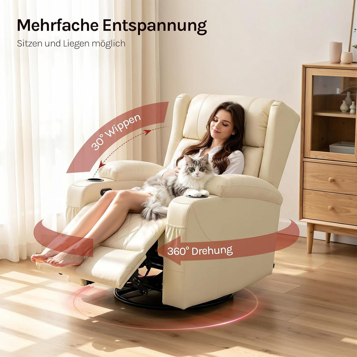 RELAXSESSEL mit Liegefunktion, drehbar, Kunstleder, Beige - Beige, Kunststoff (87/103.5/94.5cm) - Woltu