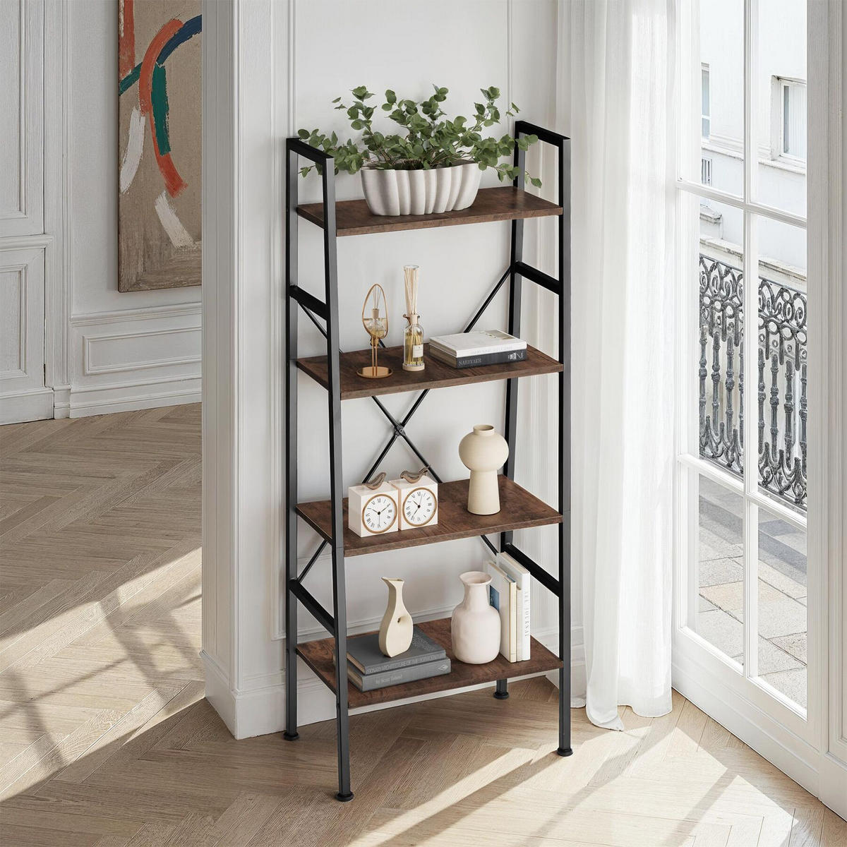 LEITERREGAL Newcastle,inklusive Kippschutz, 57,5 x 35,5 x 139 cm,Industrial Holz dunkel, rustikal - Rostfarben, Holz (35.5/139/57.5cm) - tectake