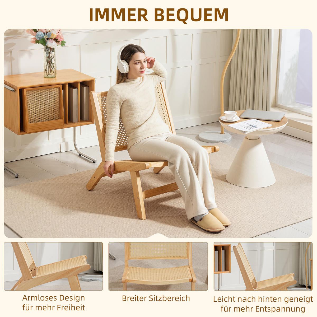 SESSEL mit Rattan-Rückenlehne, Naturfarben - Naturfarben, Kunststoff (64/74/70cm) - HOMCOM