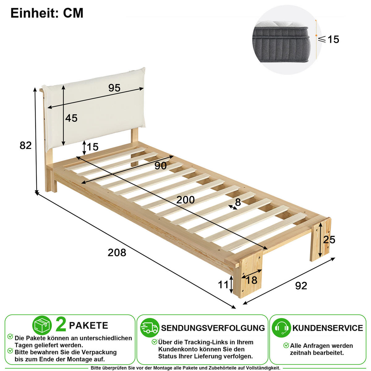 POLSTERBETT 90/200 cm in Natur mit Gepolsterter Rückenlehne - Naturfarben, Holz/Holzwerkstoff (90/200cm) - CHICFURN