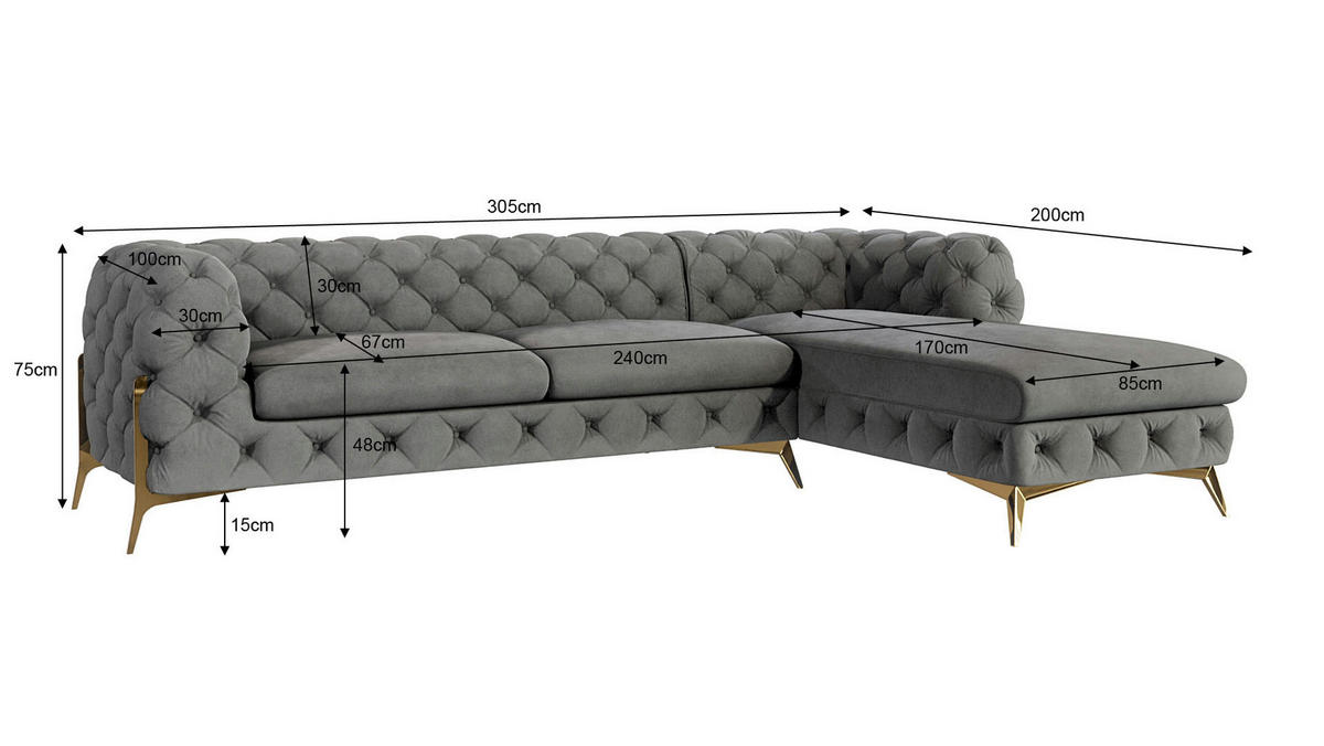 ECKSOFA Chesterfield Lexi Grau Samt, Ottomane rechts - Goldfarben/Grau, Holz/Textil (305/200cm) - S-Style Möbel