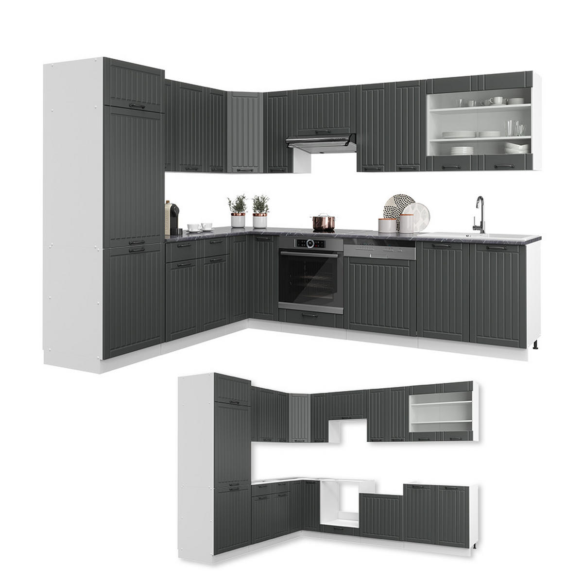 ECKKÜCHE Fame-Line Anthrazit Landhaus/Weiß 227 x 60 cm ohne AP - Dunkelgrau/Weiß, Holzwerkstoff (287/81.6/46cm) - Vicco