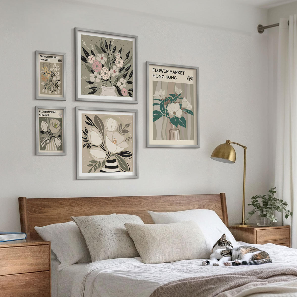 WANDBILDER 5er Set - 50x50 cm & 20x30 cm & 40x60 cm Silberner Rahmen - Blumenillustrationen London Hongkong - Silberfarben, Kunststoff (40/60cm) - ArtPrintCave