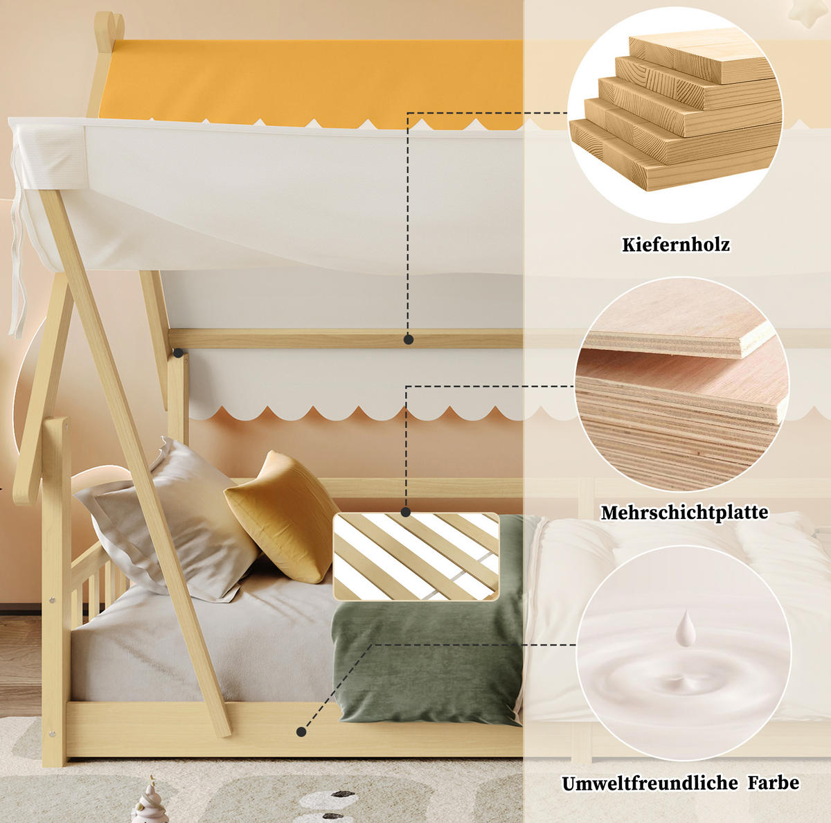 HAUSBETT aus Kiefer und Sperrholz 90x200 cm Weiß/Natur mit abnehmbarem Zelt und Sicherheitsgeländer - Weiß, Holzwerkstoff (90/200cm) - Modfu