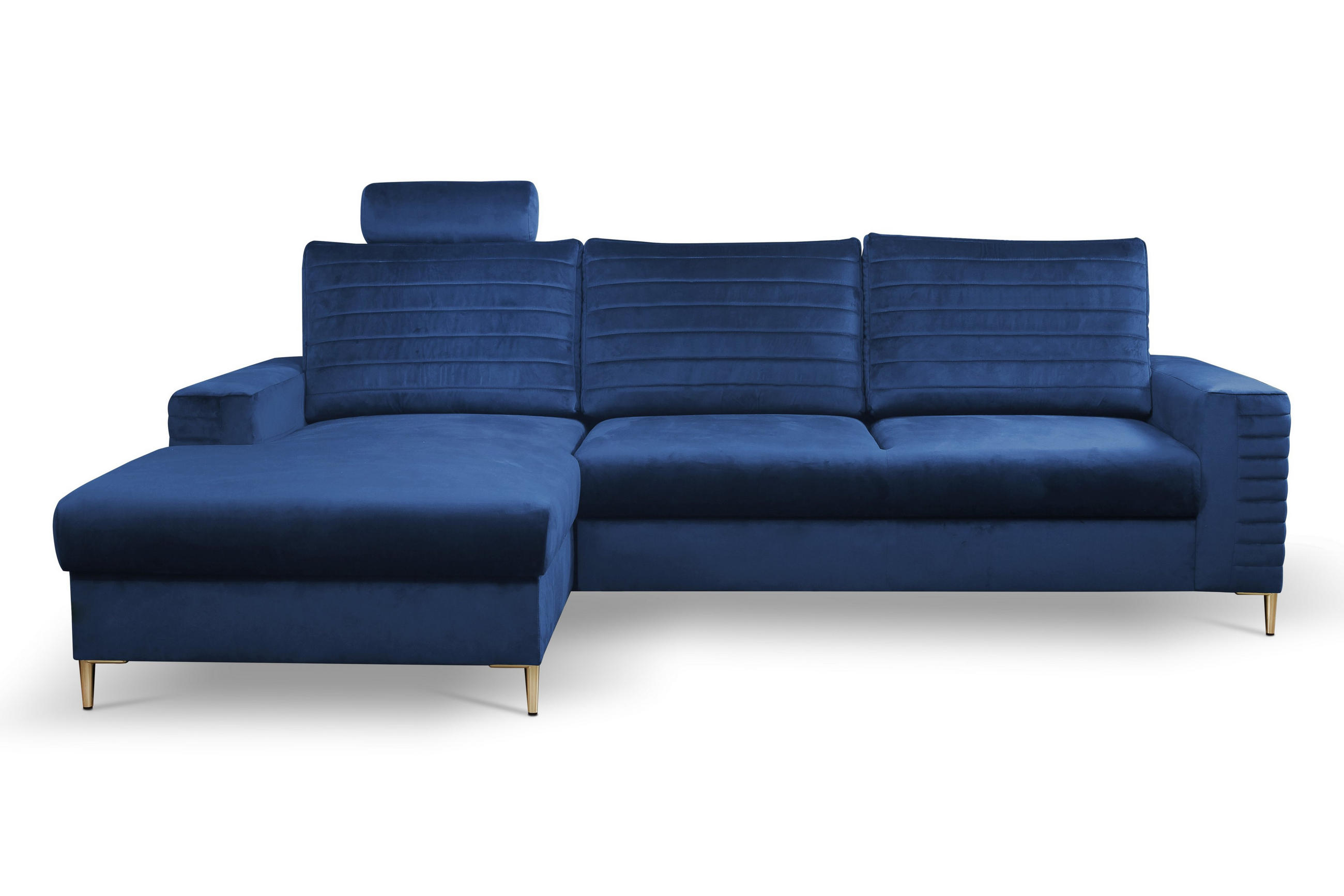 ECKSOFA GRIFO L-S Blau Velours-Stoff mit Schlaffunktion - Blau, Holz (253/165cm) - MASSENO