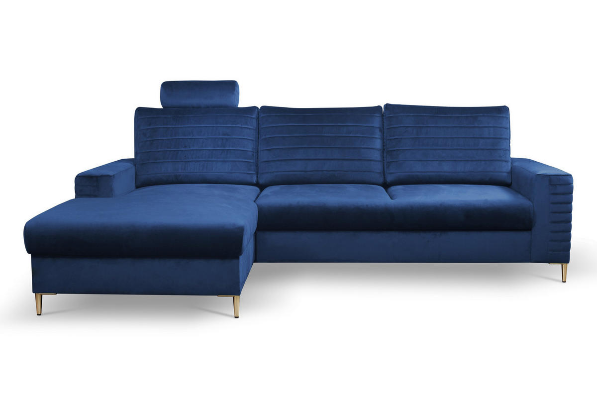 ECKSOFA GRIFO L-S Blau Velours-Stoff mit Schlaffunktion - Blau, Holz (253/165cm) - MASSENO