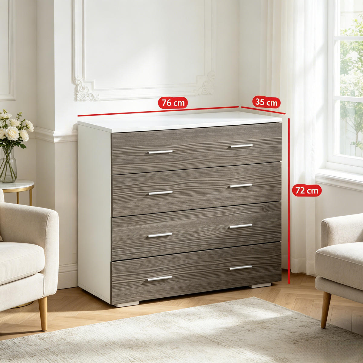 KOMMODE DE-38081 76/35/72 cm mit 4 Schubladen Weiß/Grau - Grau, Holzwerkstoff (76/72/35cm) - ComfortXL
