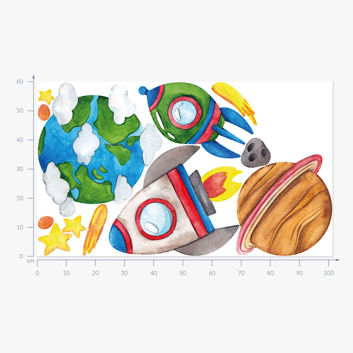 WANDAUFKLEBER 60x102cm - Erde Raketen Sterne - Multicolor, Kunststoff (60/102/0.1cm) - Wallfluent