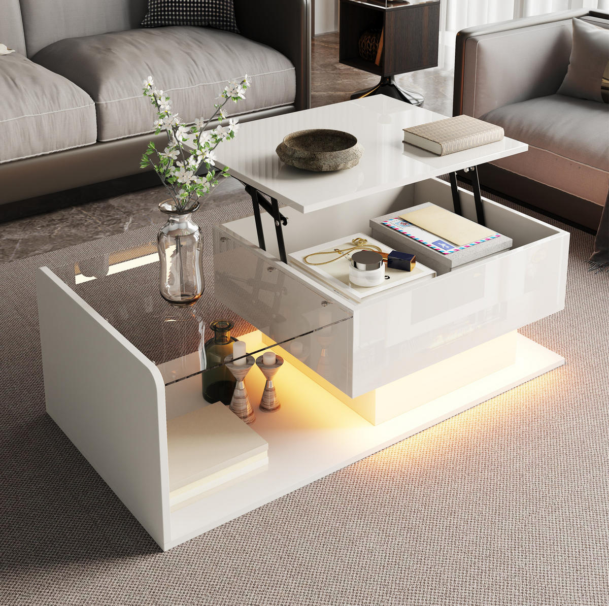COUCHTISCH aus Spanplatte 100x50x33/47,5 cm Weiß Hochglanz höhenverstellbar mit LED-Beleuchtung - Weiß, Holzwerkstoff (100/50/47.5cm) - IVMEU