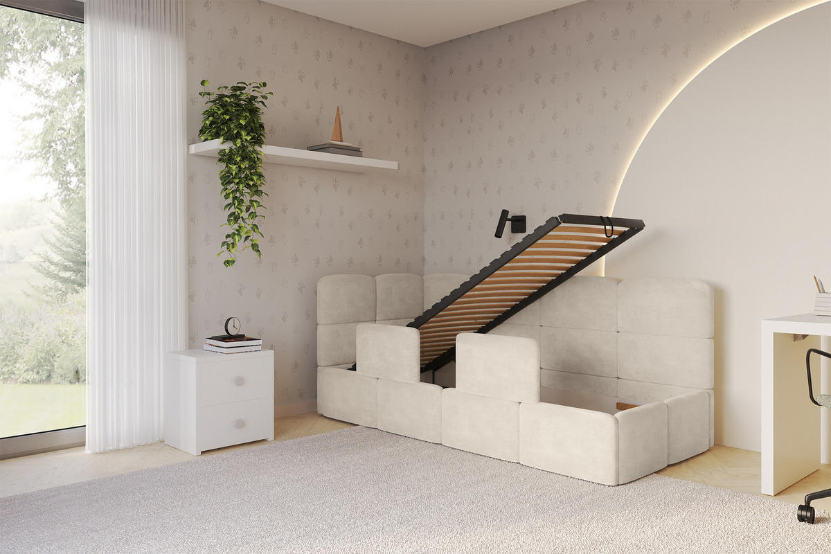 EINZELLBETT Jugendbett mit Bettkasten und Matratze H3/H4, Rechts - KIVY 80x200 Beige - Naturfarben, Holzwerkstoff/Textil (80/200cm) - ALTDECOR