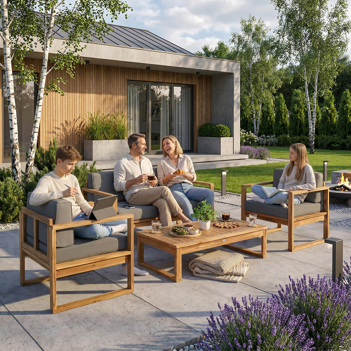 GARTENSET Danilo aus Akazienholz, Sofa, 2 Sessel und Tisch, Dunkelgrau+Braun - Dunkelgrau/Eichefarben, Holz - Beautysofa