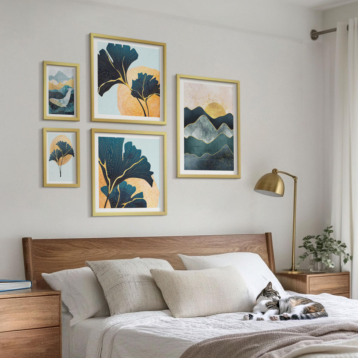 BILDER SET 5er Set - 50x50 cm & 20x30 cm & 40x60 cm Goldrahmen - Fruchtige Muster italienischer Wein - Goldfarben, Kunststoff (40/60cm) - TULUP